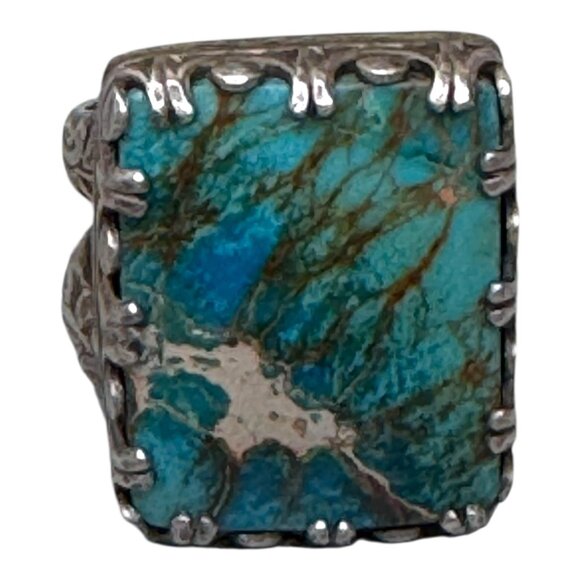 Vintage Artisan Statement Detailed Ring Sterling Silver Turquoise Stone Ornate 6 - Picture 8 of 9